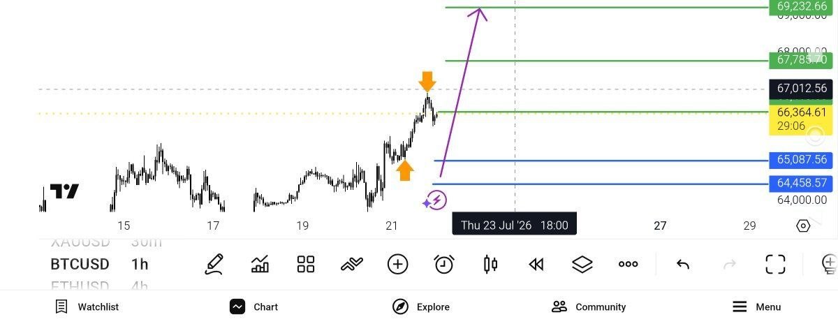 Update BTC USD 65 به 67 هزار فری — تحلیل و سیگنال طلا، نفت و فارکس دیاموند